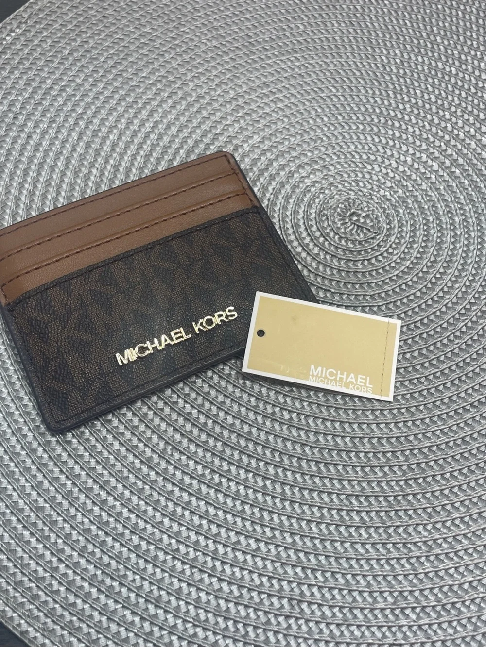Michael Kors Brown and Tan Signature Card Holder with Gold Logo. Preowned.